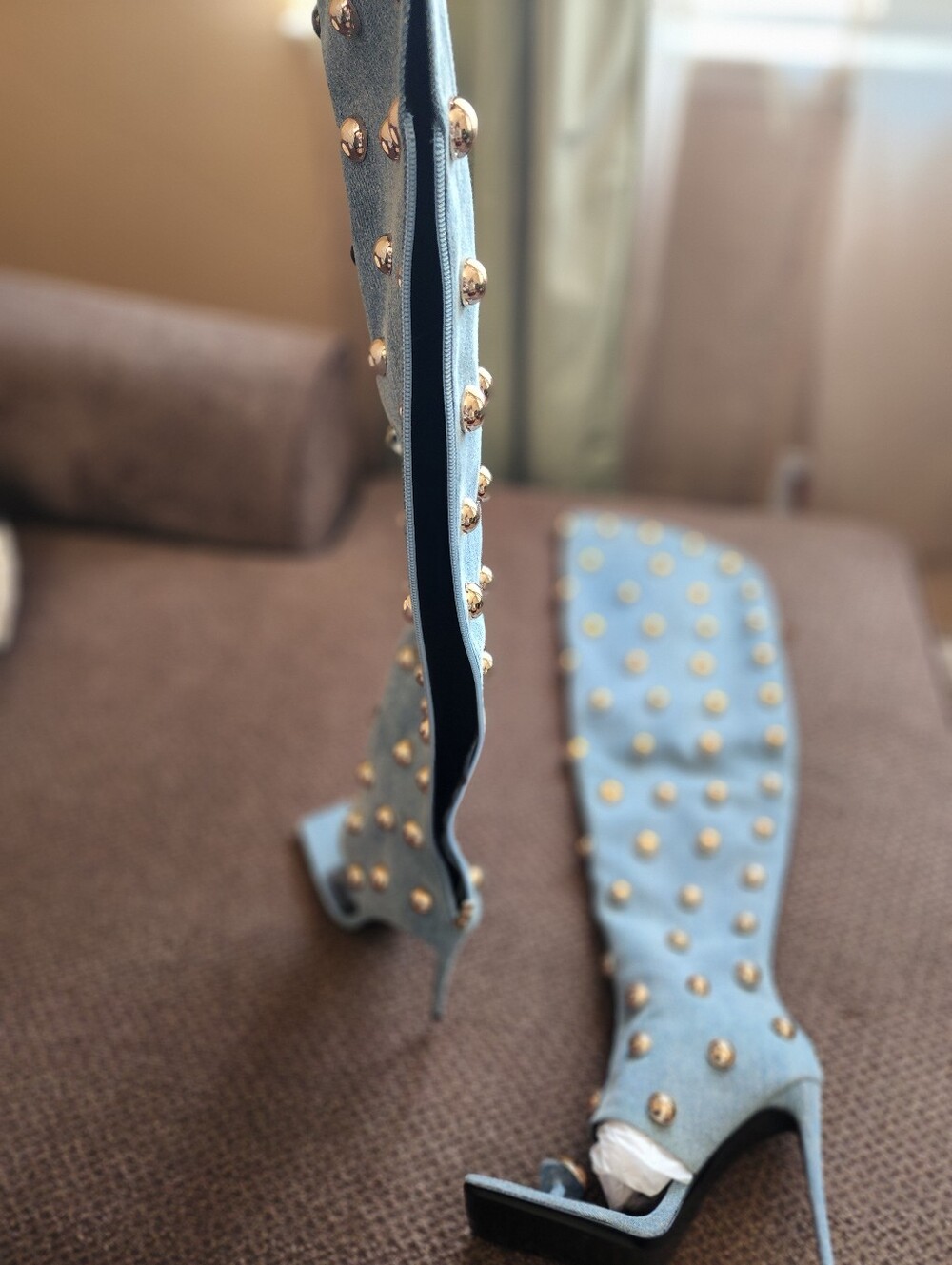 IYKYK I Am Jennifer Le Big Gold Studded Over-the-Knee Denim Stiletto Boot - Picture 7 of 10